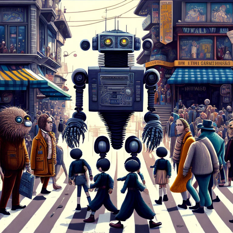 Vibrant city street scene with diverse characters and floating robot above zebra crossing