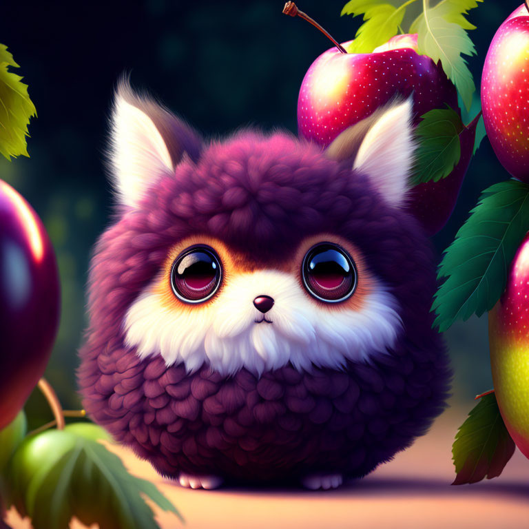 Fluffy Purple Creature Surrounded by Apples in Whimsical Scene