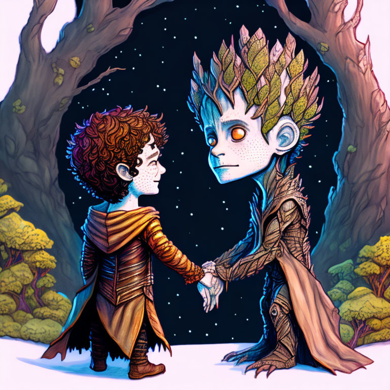 Whimsical human and tree-like creature holding hands in magical forest