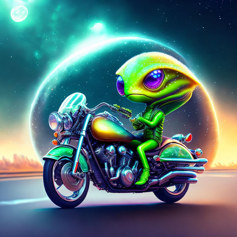 Stylized alien on motorcycle in cosmic scene