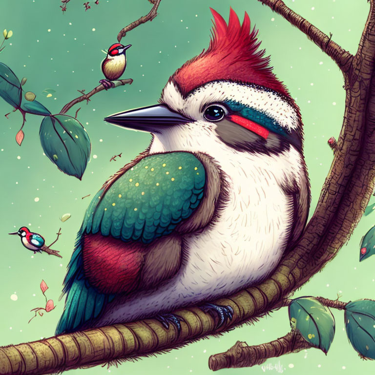 Colorful Bird Illustration with Red Crest and Green Feathers on Branch