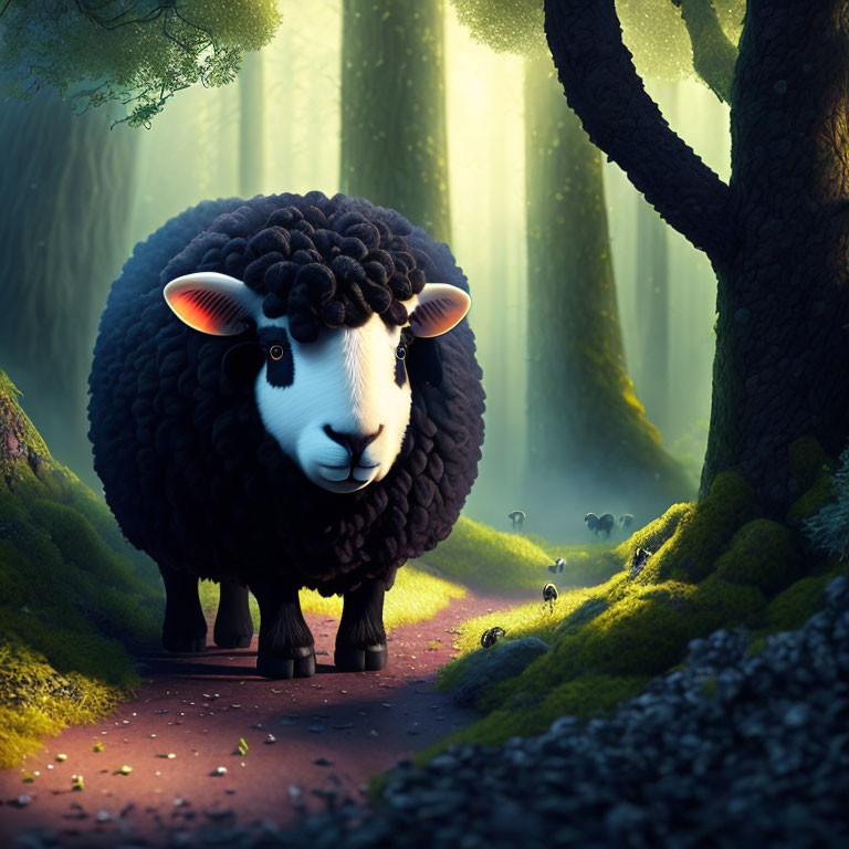 Cartoonish black sheep on forest path with sunlight rays