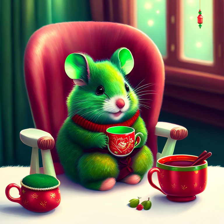 Anthropomorphized green hamster with red scarf at festive table and cozy chair