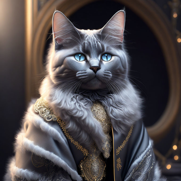 Regal cat with blue eyes in opulent costume and mirror pose