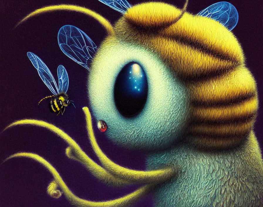 Stylized large-eyed bee creature with flying bee on dark purple background