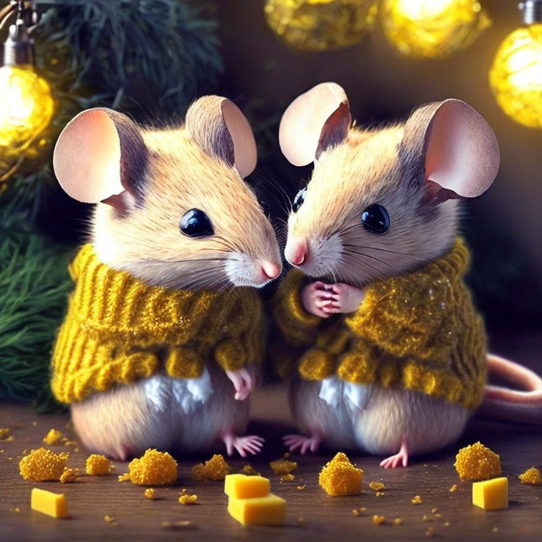 Cartoon mice in yellow sweaters with Christmas lights and cubes