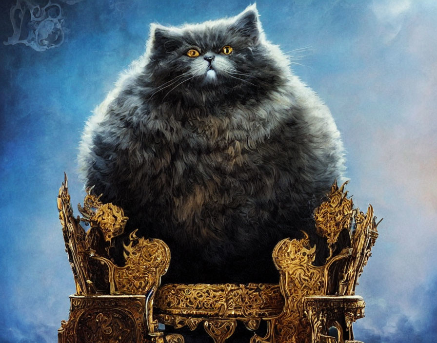 Fluffy cat on golden throne exuding regal presence