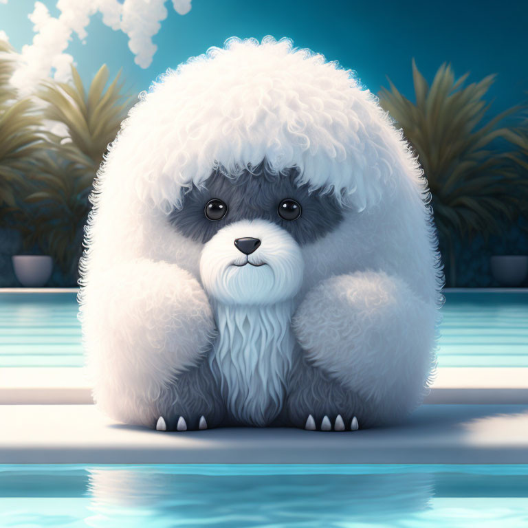 White Cartoon Bichon Frise Dog by Pool with Palm Trees