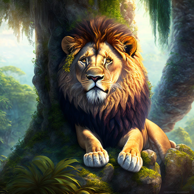 Majestic lion with striking eyes in lush forest habitat