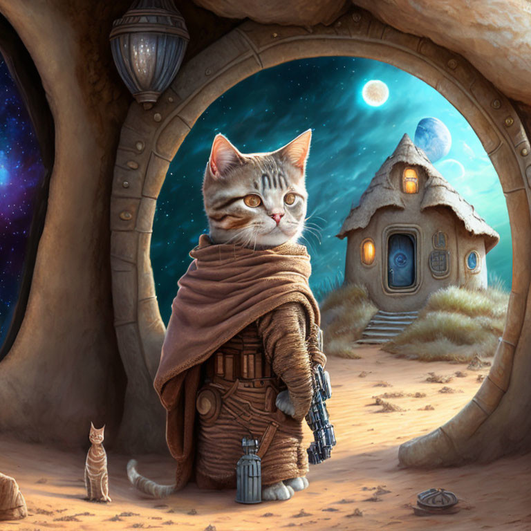 Cat in Sci-Fi Costume in Desert Landscape with Starry Sky