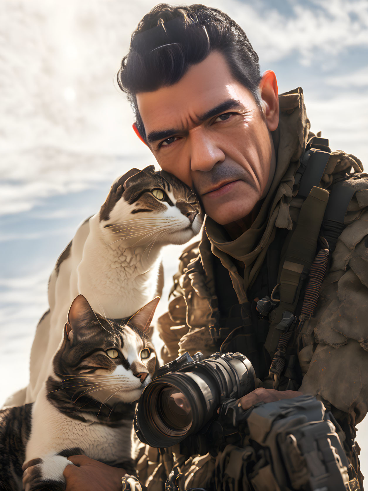 Photorealistic image of stern man in military attire with cats and camera