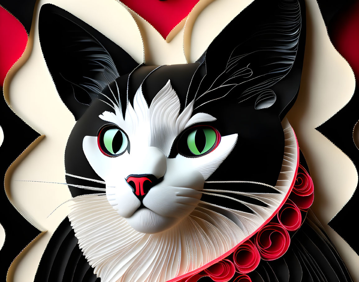 Stylized digital artwork of a cat with green eyes and intricate fur patterns