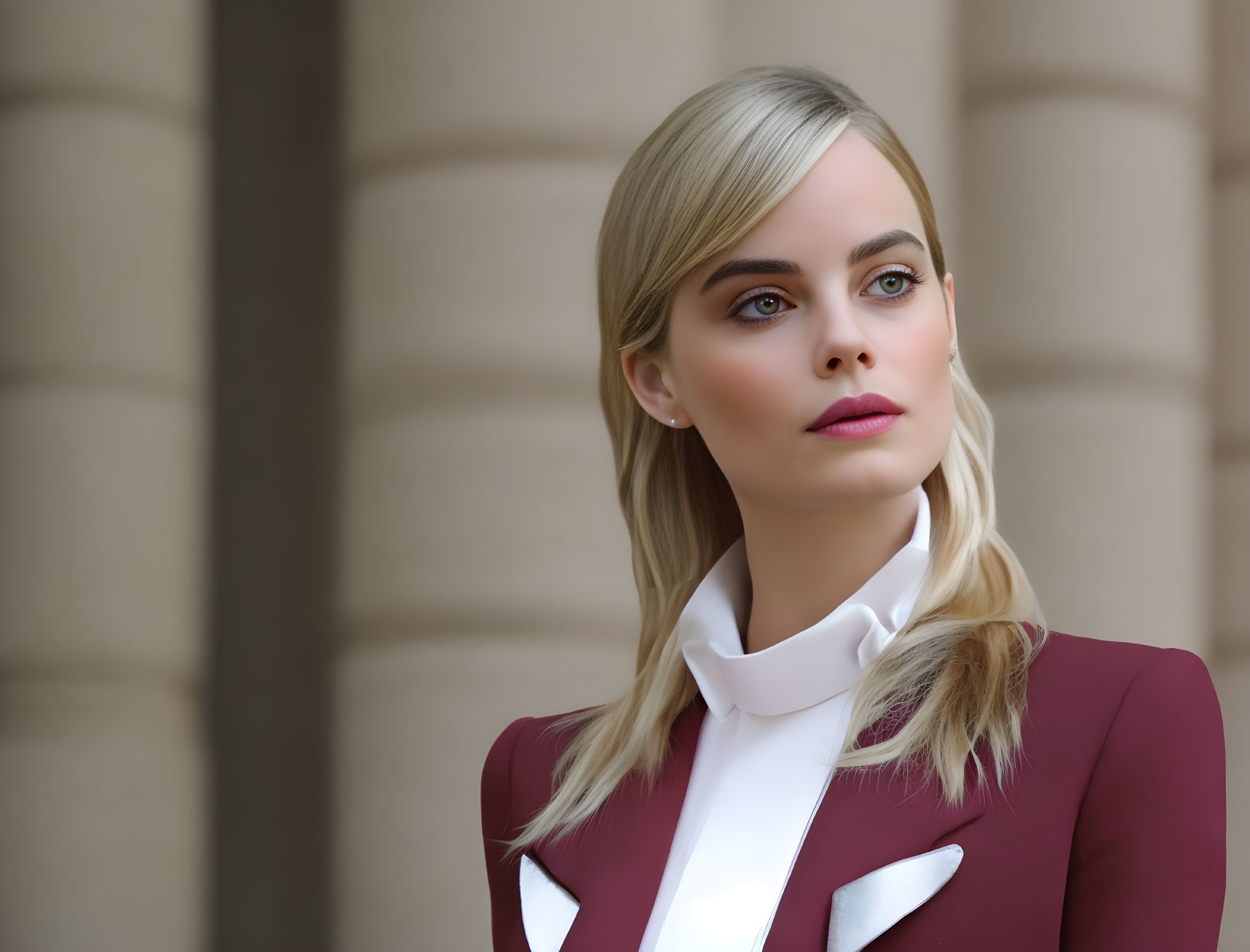 Blonde woman in white blouse and maroon blazer against architectural columns