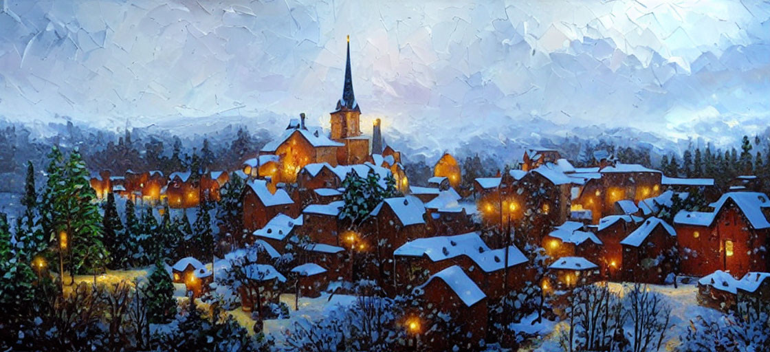 Snow-covered winter village with church spire and glowing lights