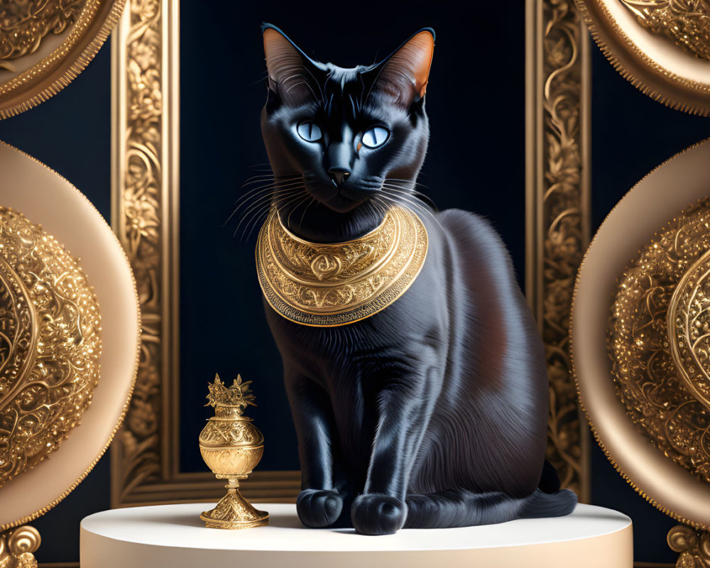 Black cat with gold collar among ornate decorations