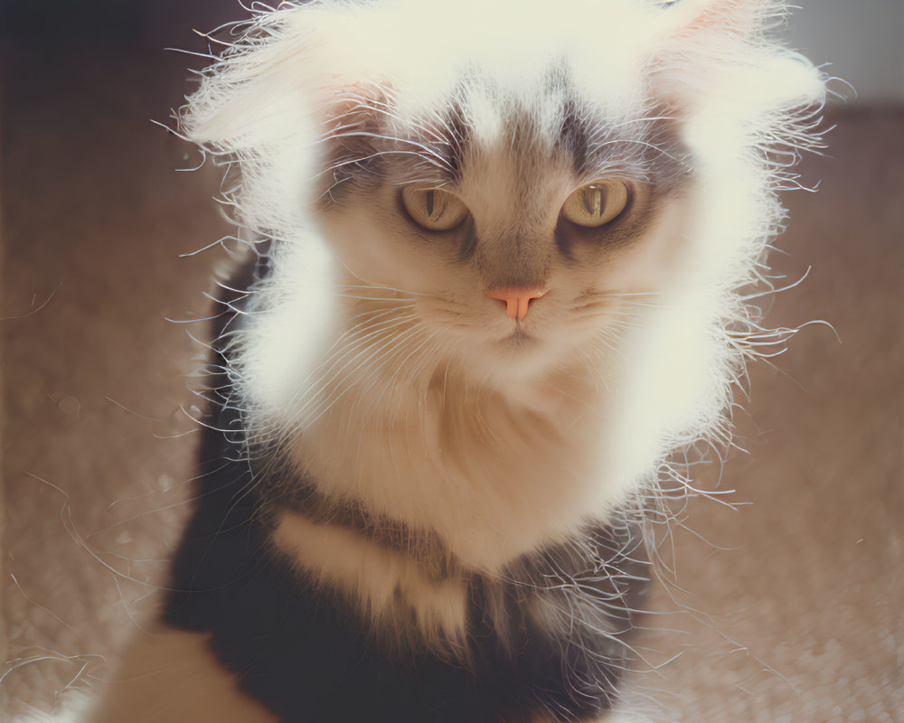 Fluffy black and white long-haired cat in warm sunlight with green eyes