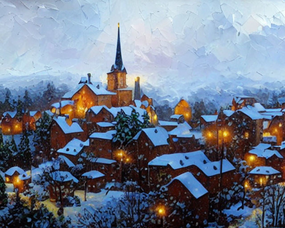 Snow-covered winter village with church spire and glowing lights