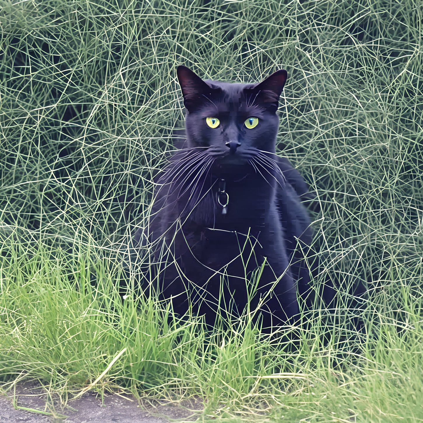 Black Cat with Luminous Green Eyes in Tall Grass