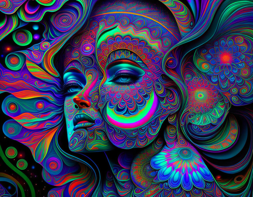 Colorful surrealism: Woman surrounded by intricate psychedelic patterns.