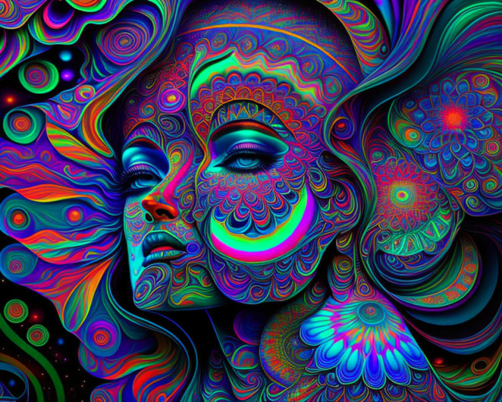 Colorful surrealism: Woman surrounded by intricate psychedelic patterns.