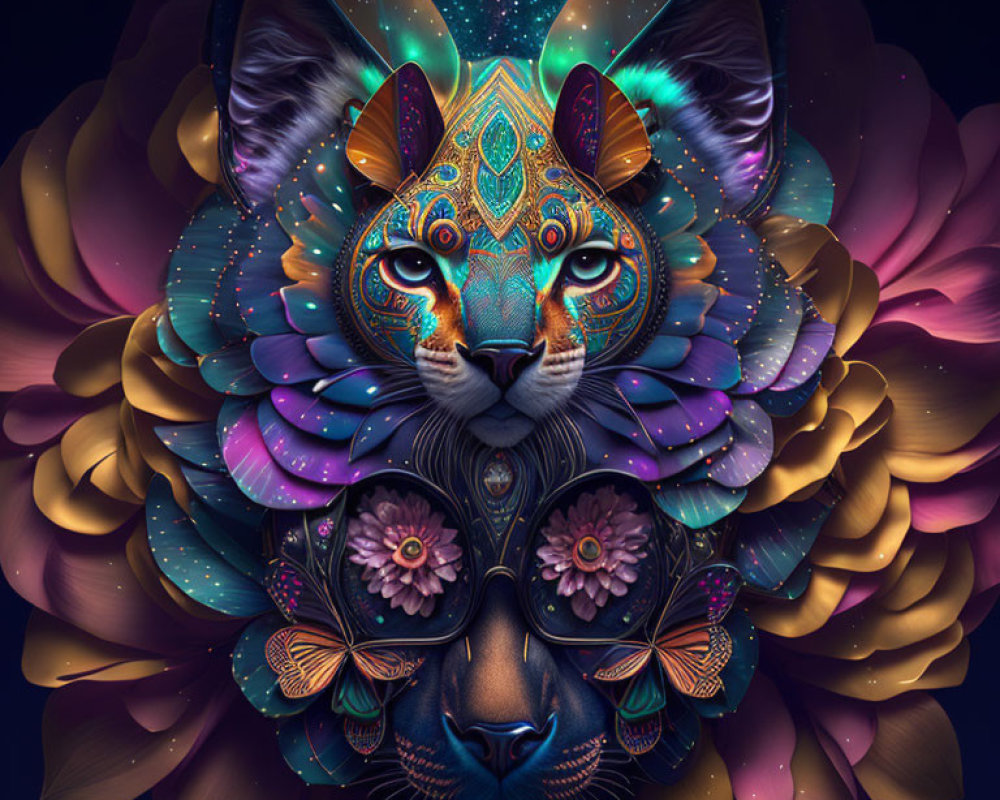 Symmetrical cat face digital art with cosmic elements on dark floral backdrop