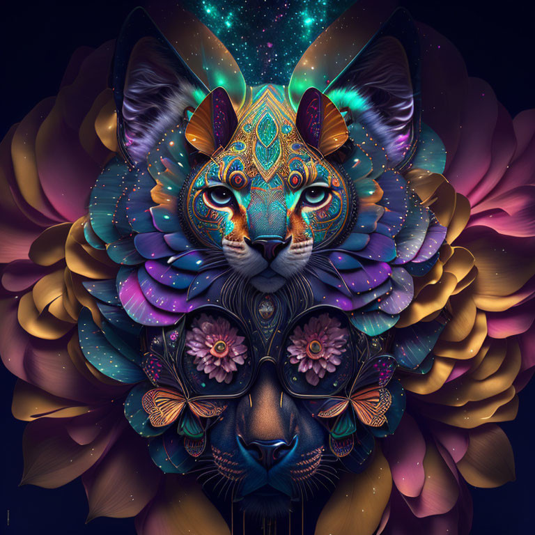 Symmetrical cat face digital art with cosmic elements on dark floral backdrop