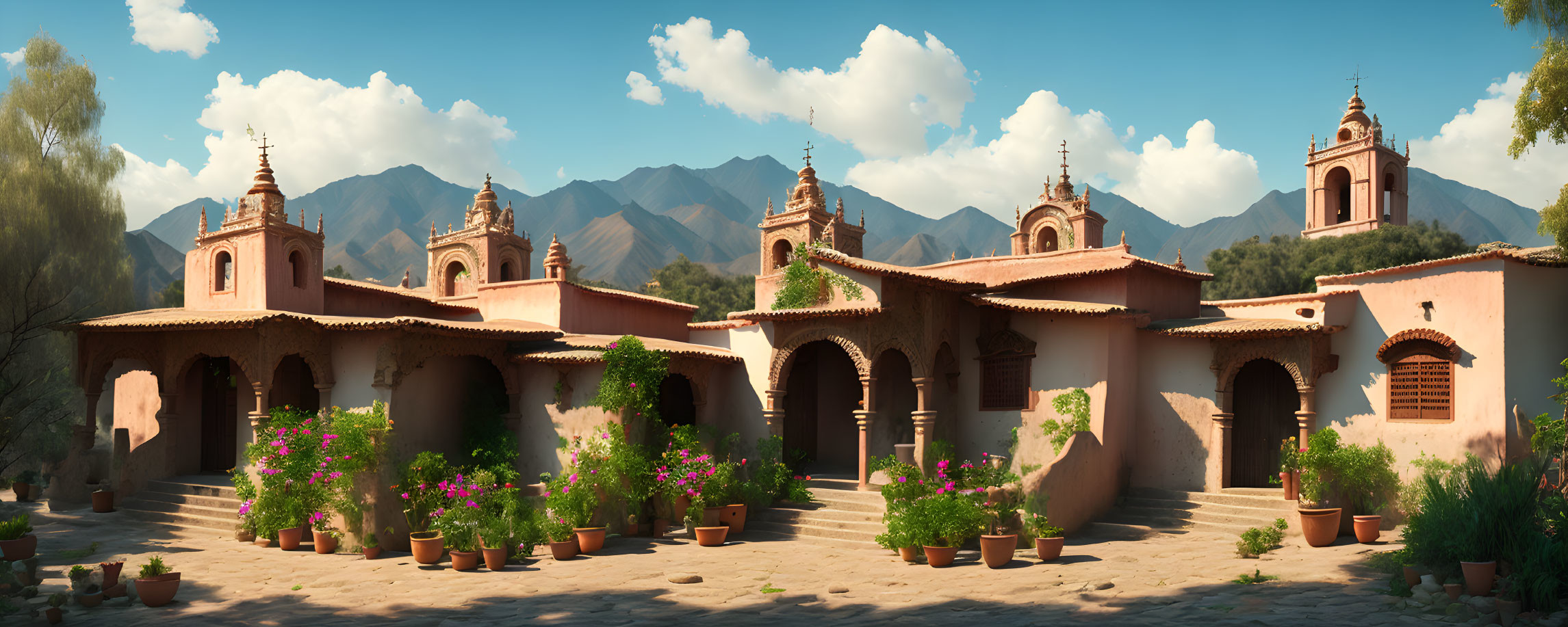 Terracotta buildings with bell towers and pink flowers against mountains