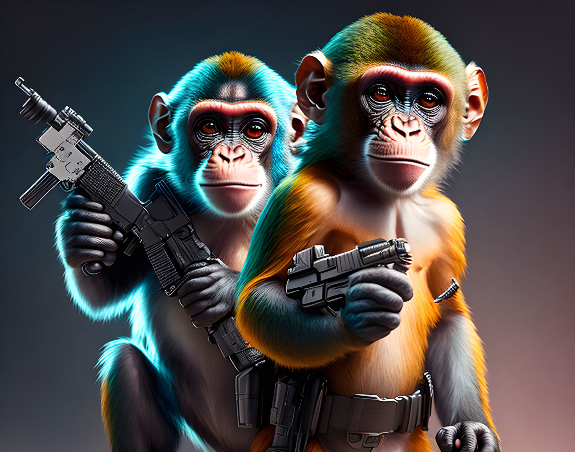 Stylized monkeys with guns in dramatic lighting