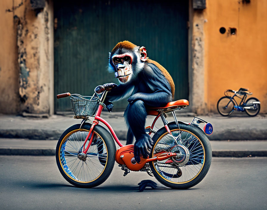 Digitally altered baboon on colorful bicycle in urban setting