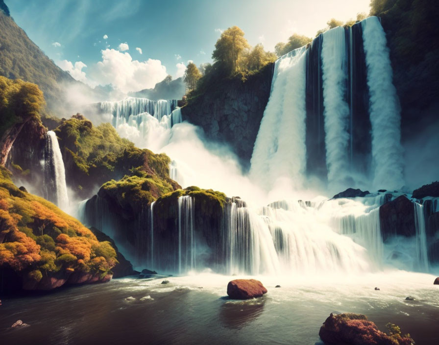 Majestic waterfall over lush cliffs with autumn foliage