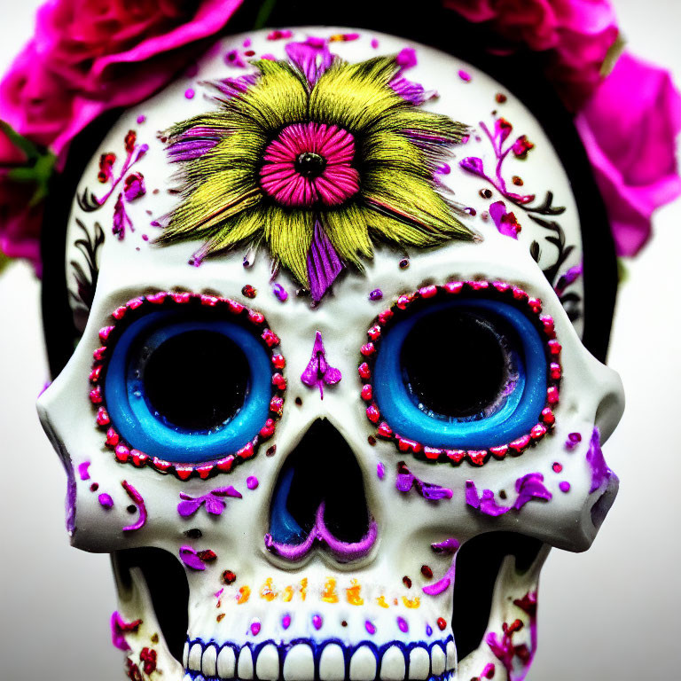 Colorful Dia de los Muertos skull with floral design and blue eye sockets