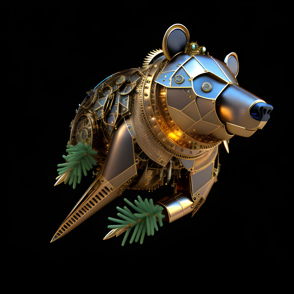 Steampunk-style mechanical bear with golden and green accents