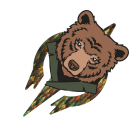 Steampunk-style mechanical bear with golden and green accents