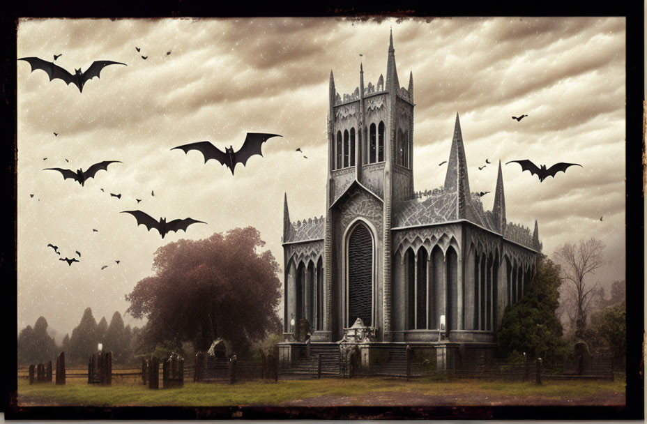 Gothic cathedral with bats in stormy graveyard scene