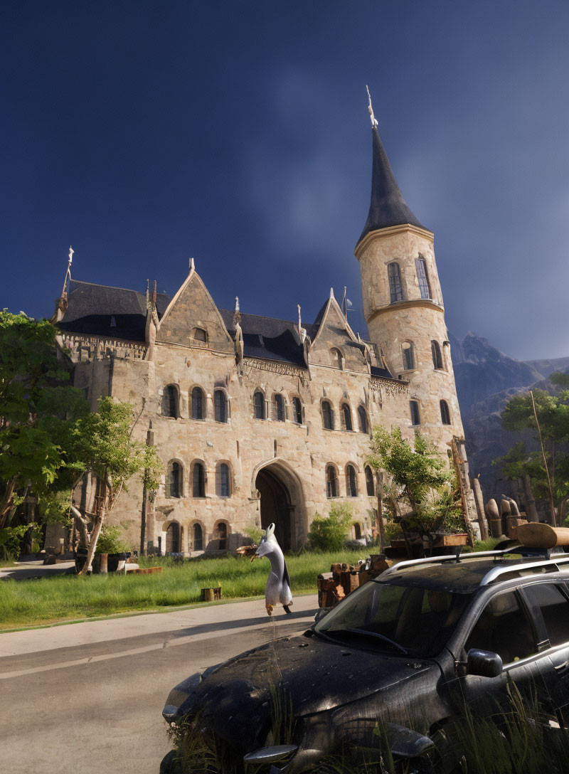 Stork walking in front of grand castle with SUV under clear blue sky