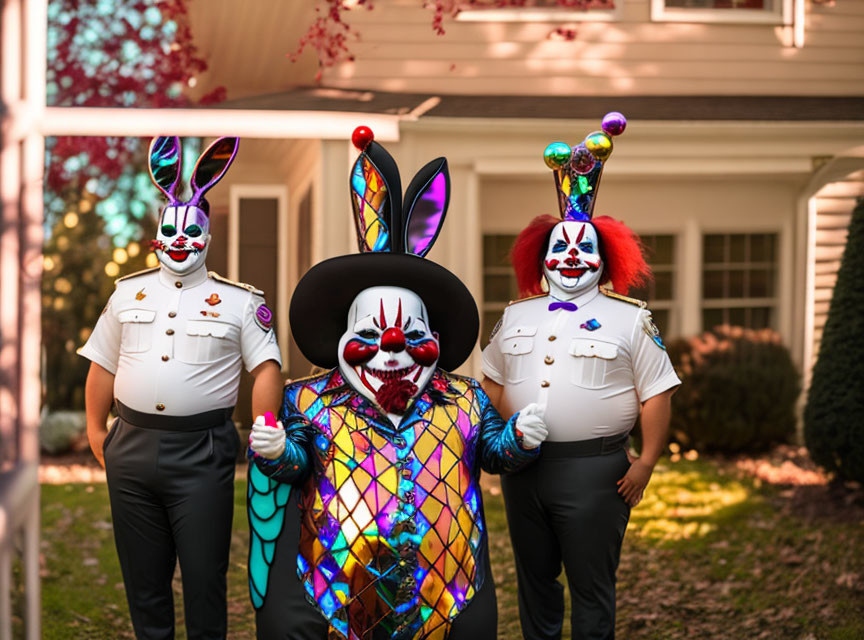 Two individuals in rabbit clown outfits in front of a house