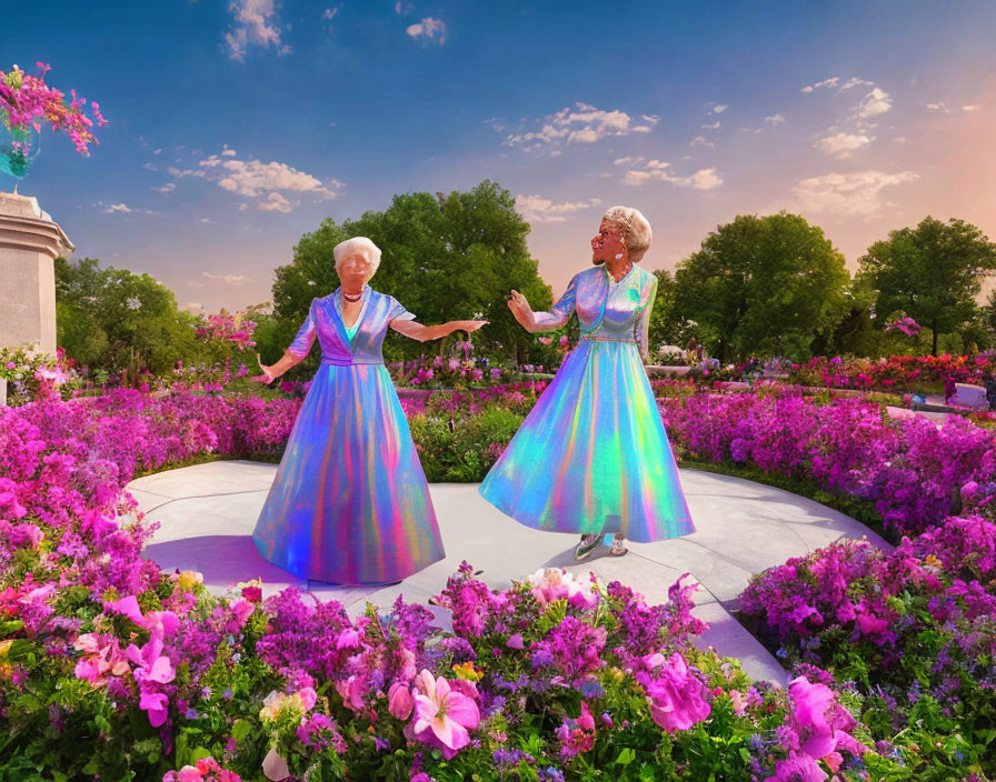 Two women in holographic dresses dancing in vibrant garden at sunset