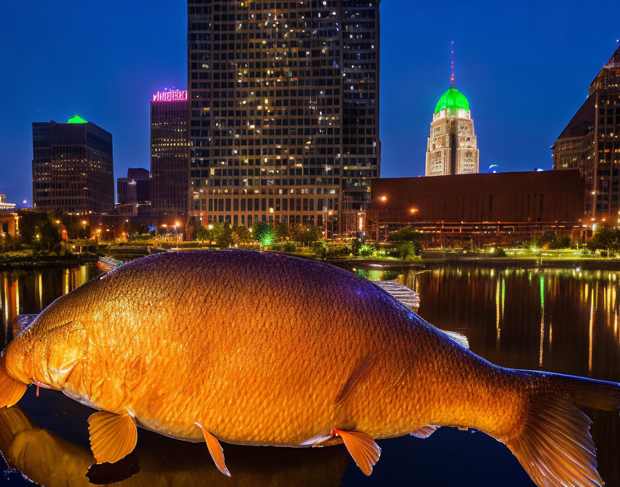 Cityscape at night with large fish superimposed