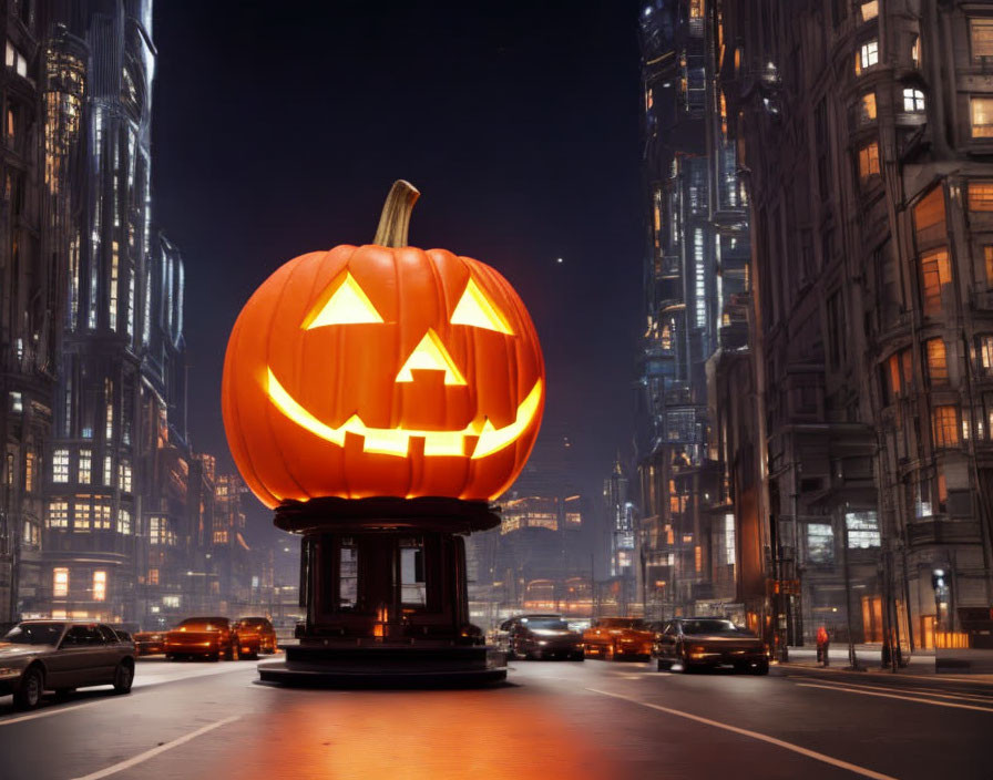 City street at night with illuminated jack-o'-lantern, skyscrapers, and passing cars