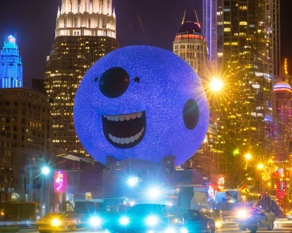 Giant Blue Smiling Spherical Sculpture with Bright Lights at Night