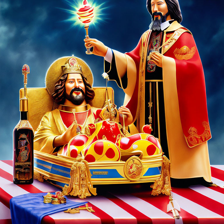 Stylized king figurines with scepter and crown on patriotic tablecloth