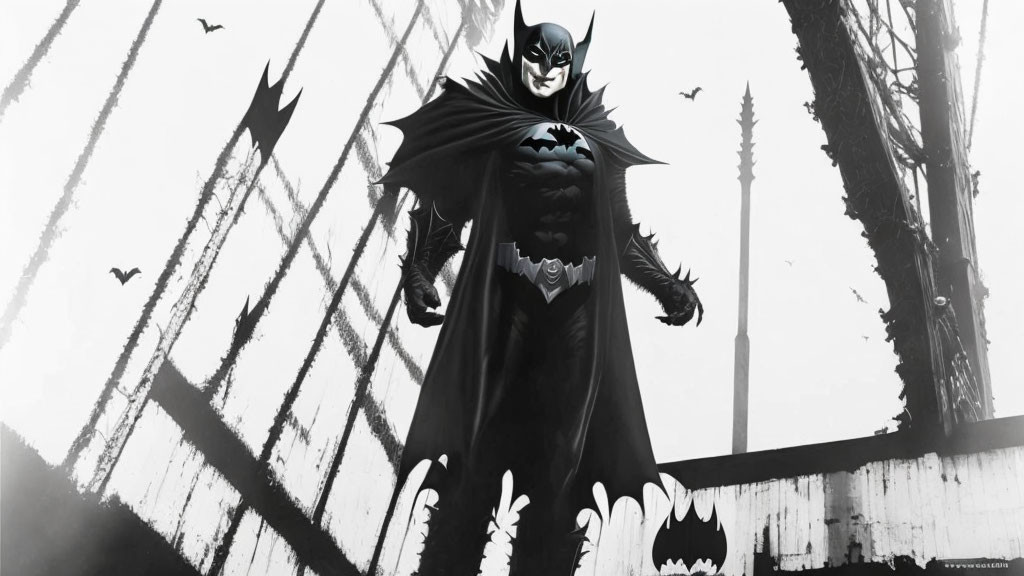 Monochrome Batman image with dramatic cape in Gotham City silhouette.