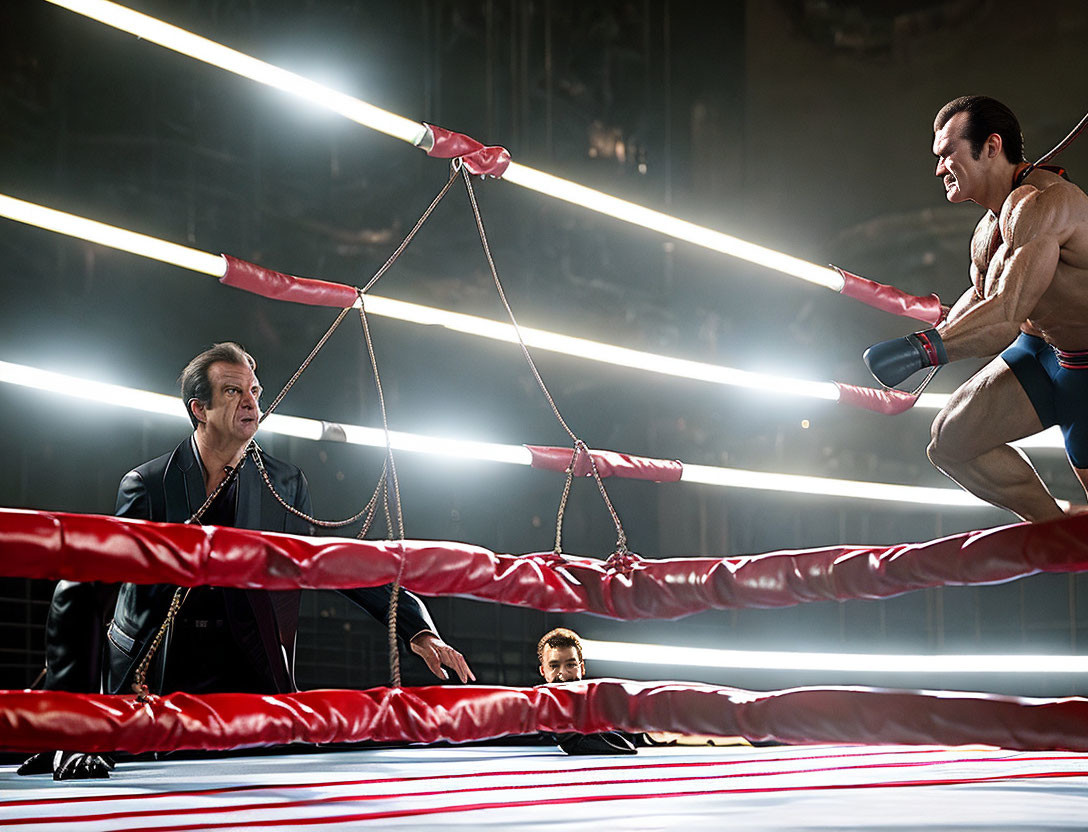 Wrestling match with wrestler leaping from ropes, referee watching