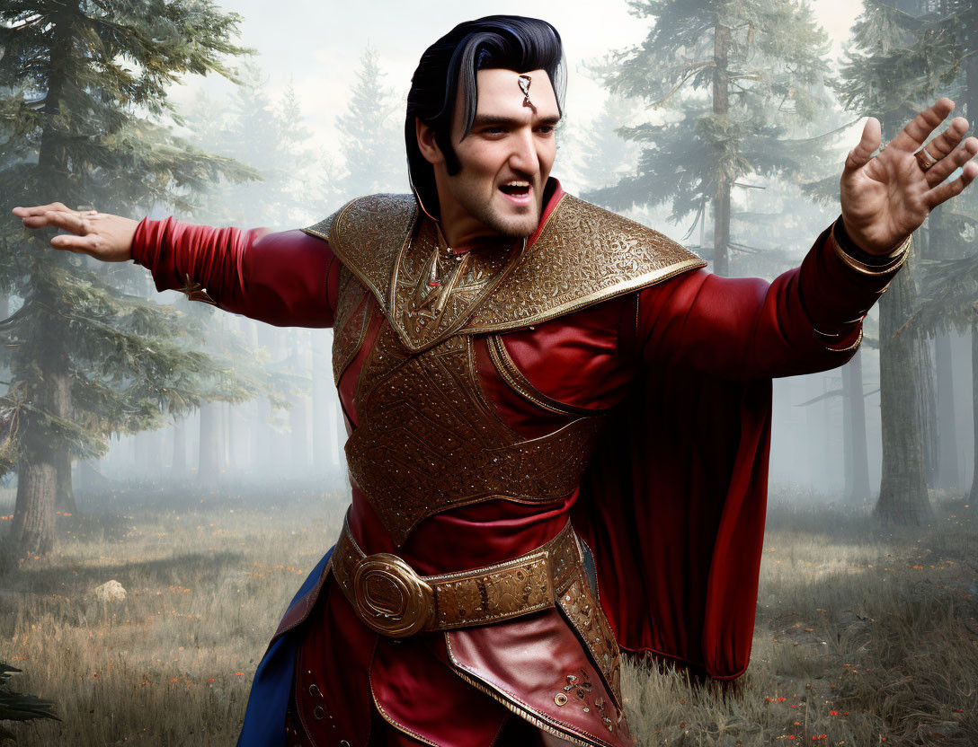 Animated character in red and gold medieval attire in forest clearing