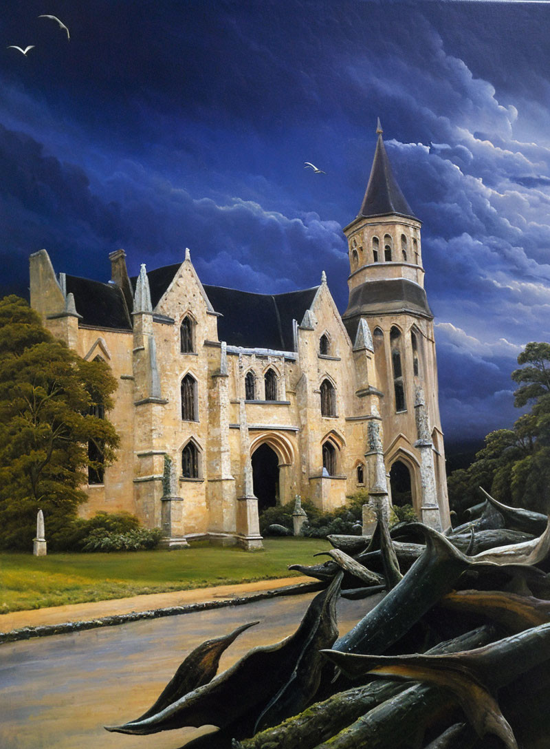 Gothic-style church under stormy sky with birds and fallen branches