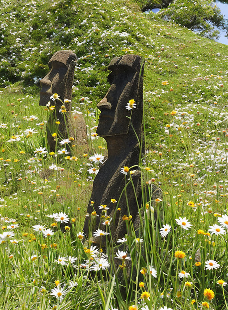 Ancient Moai statues in daisy-filled landscape