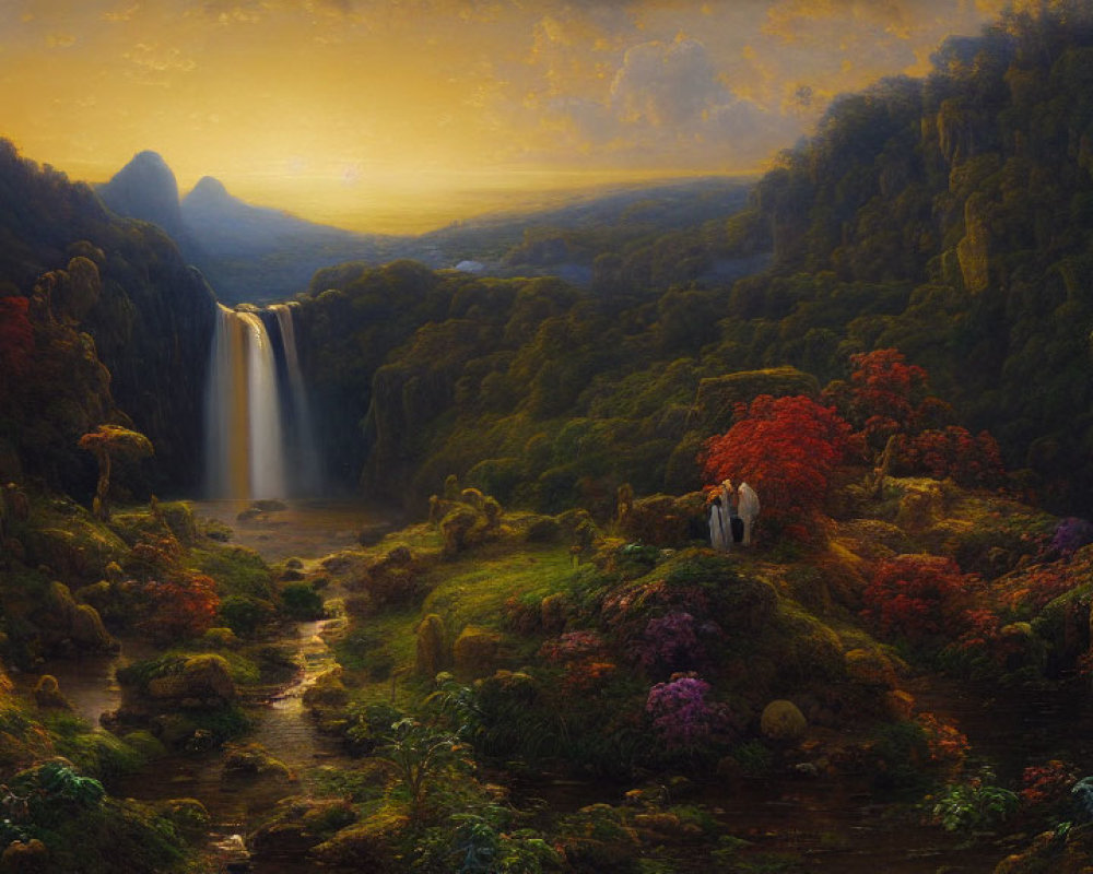 Scenic landscape with waterfall, lush greenery, colorful flora, and two individuals at sunset