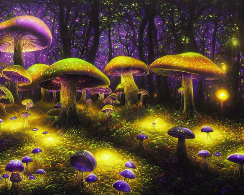 Enchanting forest scene with oversized purple mushrooms and glowing orbs