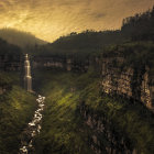 Scenic landscape with waterfall, lush greenery, colorful flora, and two individuals at sunset