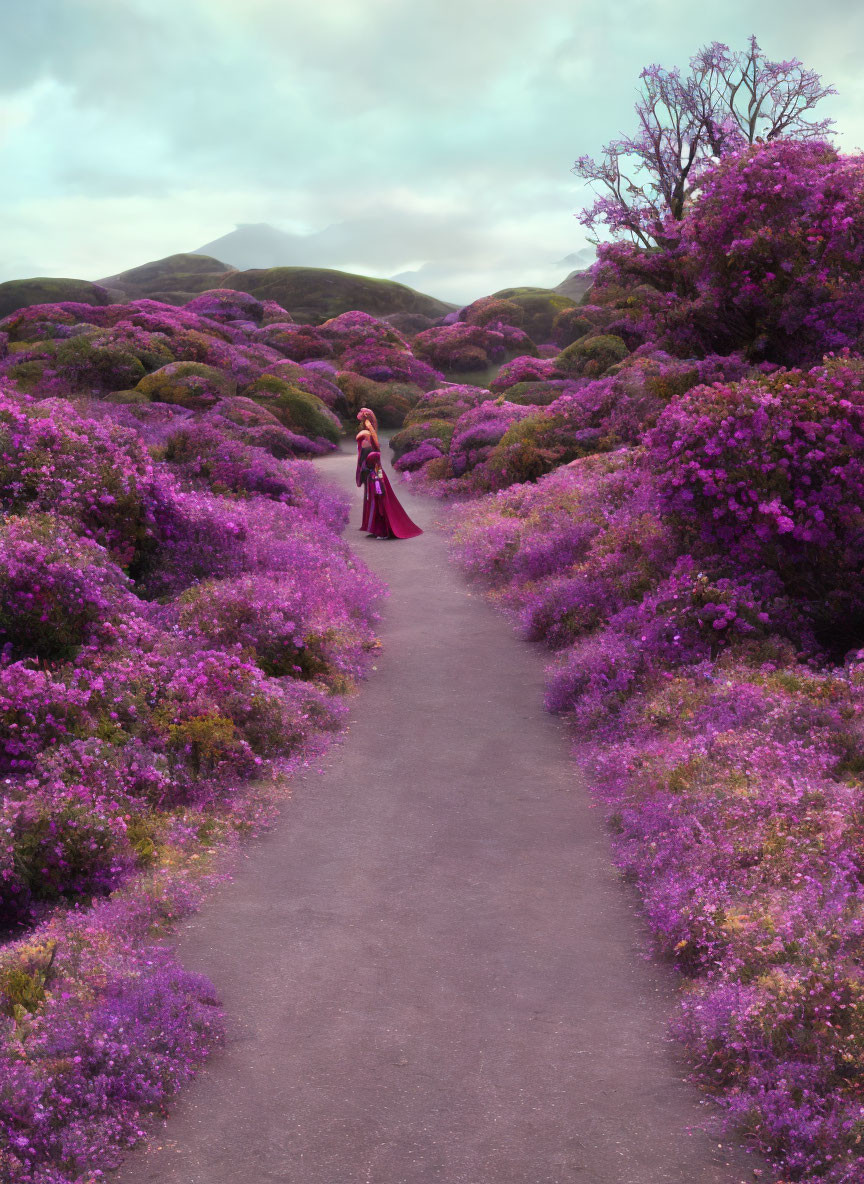 Person in Long Red Dress Surrounded by Purple Flowers on Path